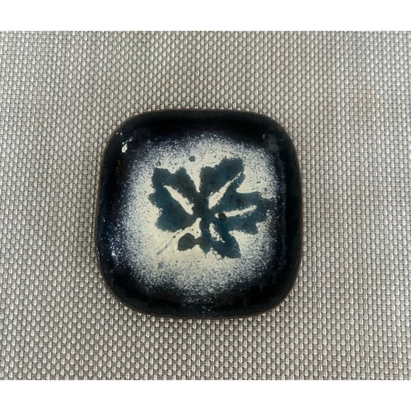 Vintage Enamel Copper Square Trinket Dish Blue White Leaf Design - Picture 1 of 3